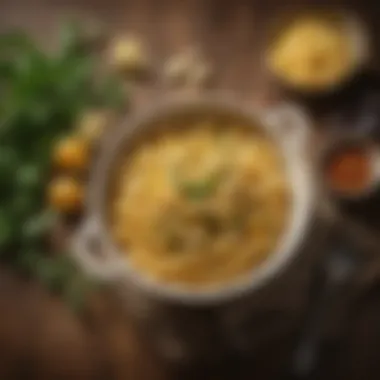 A bowl of creamy macaroni with cheese and herbs on a rustic table