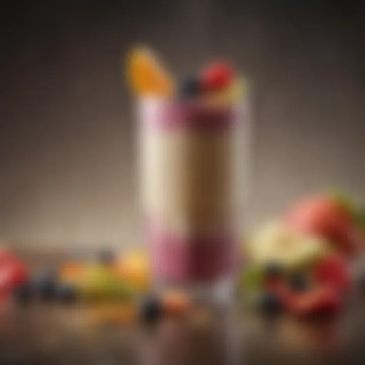 Close-up of a beautifully blended smoothie topped with fruit and seeds