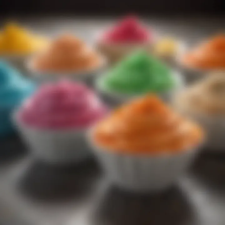 An array of colorful frosting in bowls