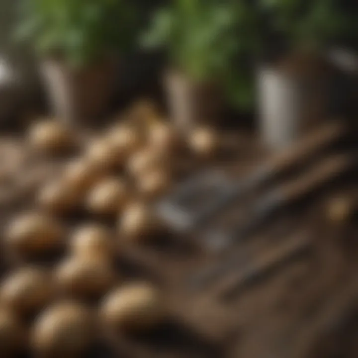 Gardening tools arranged neatly for planting potatoes