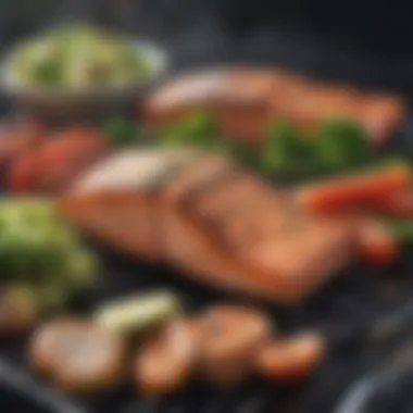 Grilling wild salmon on a BBQ grill with vegetables