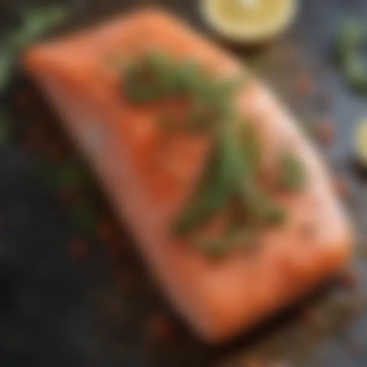 Wild salmon fillet marinating in herbs and spices