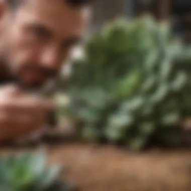 A gardener inspecting a succulent for signs of distress