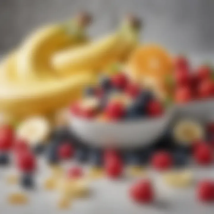 Fresh fruits arranged artfully, showcasing berries, bananas, and citrus