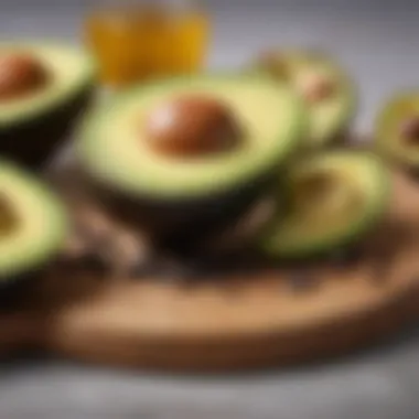 An assortment of healthy fats, featuring avocado, olive oil, and seeds