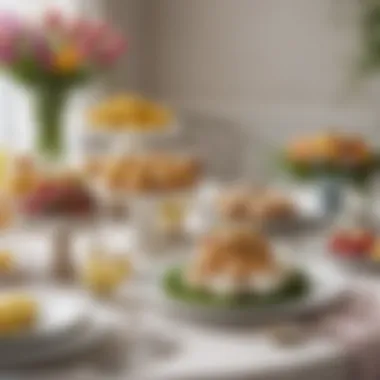 A beautifully arranged Easter brunch table featuring vibrant floral centerpieces and an array of gourmet dishes.