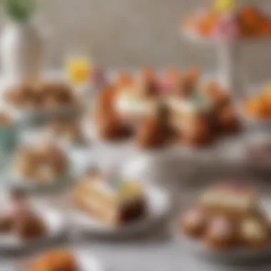 Assorted Easter Desserts A delectable dessert platter featuring an assortment of colorful pastries and a classic carrot cake, perfect for Easter.