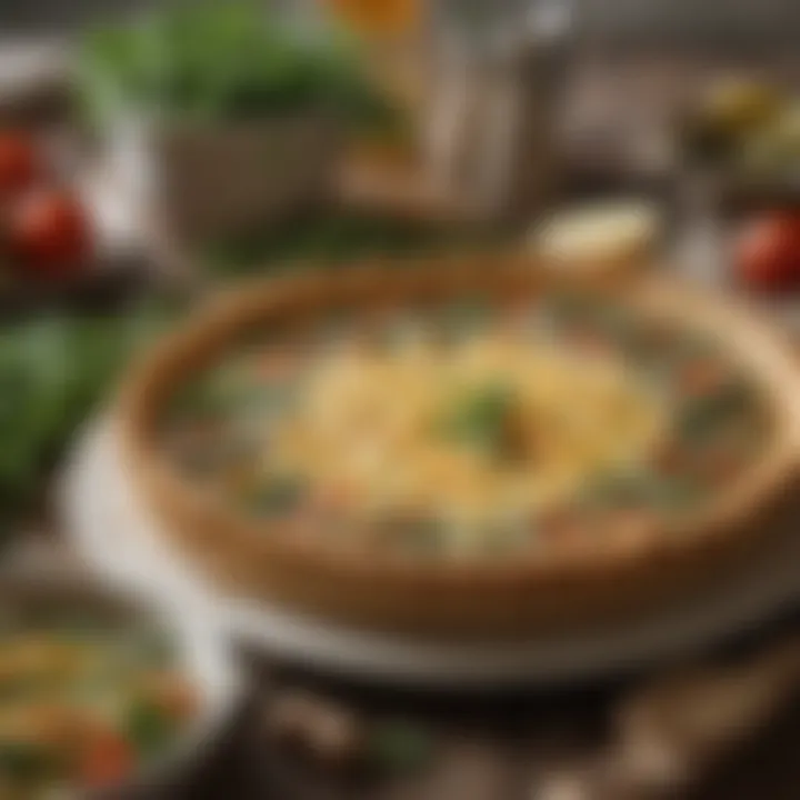 A close-up of a rich quiche loaded with seasonal vegetables and herbs, showcasing Ina Garten's culinary style.