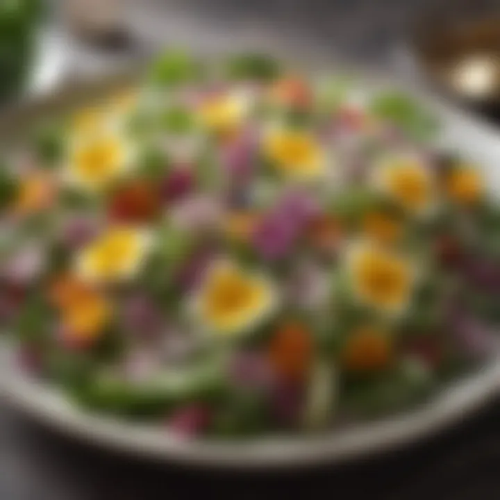 A refreshing spring salad adorned with edible flowers and vibrant greens, reflecting the season's bounty.