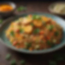 A vibrant plate of Indian Veg Fried Rice garnished with fresh herbs