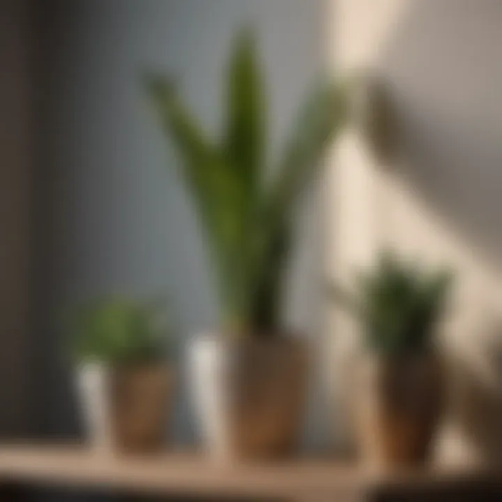 Elegant snake plant displayed on a shelf in low light