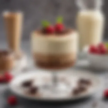 An elegant dessert featuring Irish cream, garnished with chocolate shavings and fresh berries.