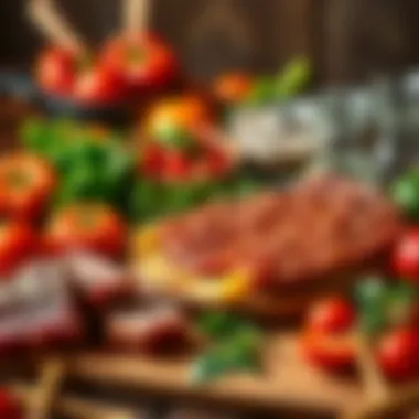 Ingredient layout featuring fresh vegetables, herbs, and beef for ragu preparation