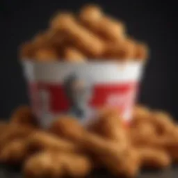 A close-up of KFC's iconic bucket filled with crispy fried chicken