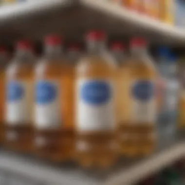 Kirkland water bottles displayed on a store shelf, emphasizing their branding and packaging.