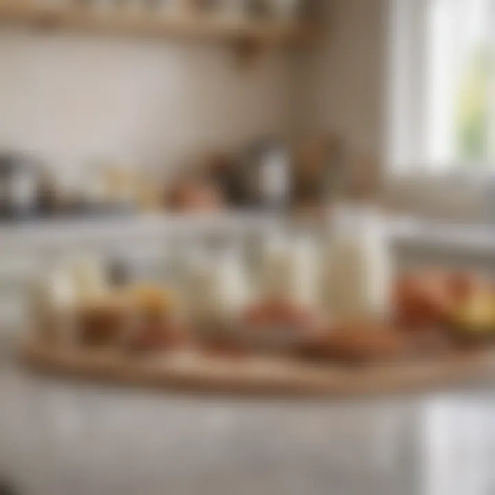 An assortment of dairy alternatives such as almond milk, coconut yogurt, and lactose-free cheese arranged elegantly on a kitchen counter.