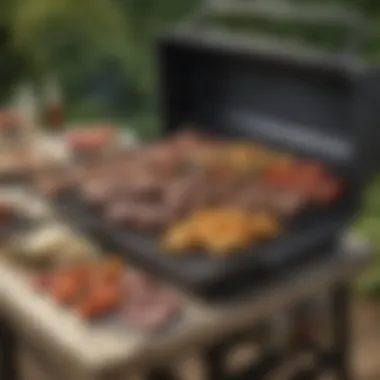 A beautifully arranged large grill setup with various meats and vegetables ready for outdoor cooking.