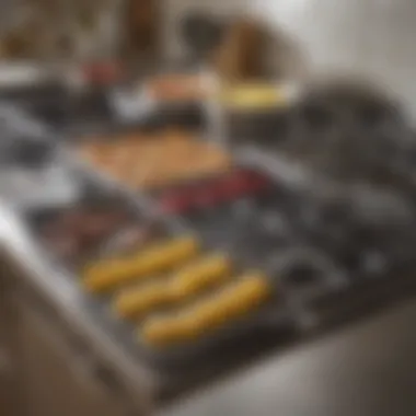 A neatly organized large utensil tray in a professional kitchen