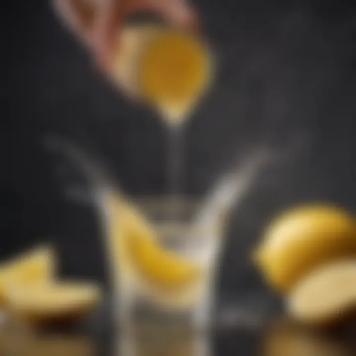 A close-up of lemon juice being poured into a clear glass