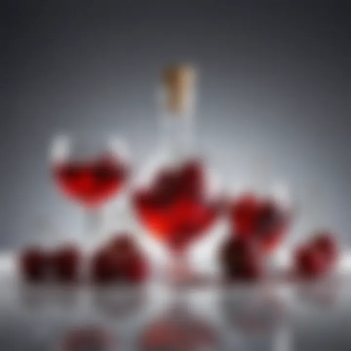 An artistic arrangement of various liquors paired with sumptuous cherries