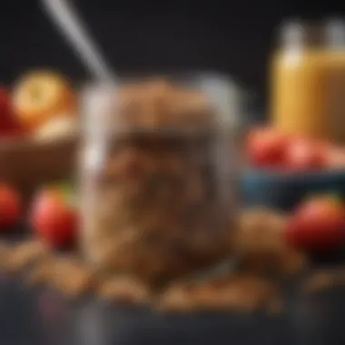 A jar filled with homemade granola and seeds beside fresh fruit