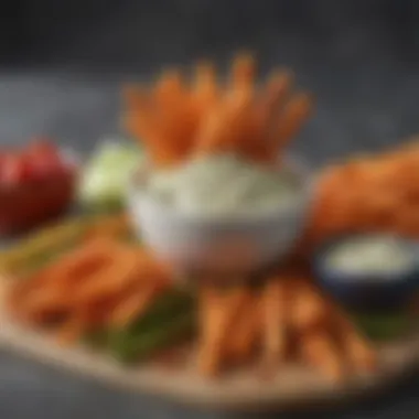 Crisp Vegetable Sticks Paired with a Zesty Dip Creative arrangement of veggie sticks and a light dip in a bowl