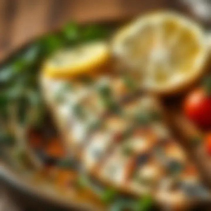 A delicate grilled fish fillet garnished with lemon and herbs
