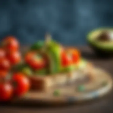 A slice of whole grain toast topped with avocado and cherry tomatoes