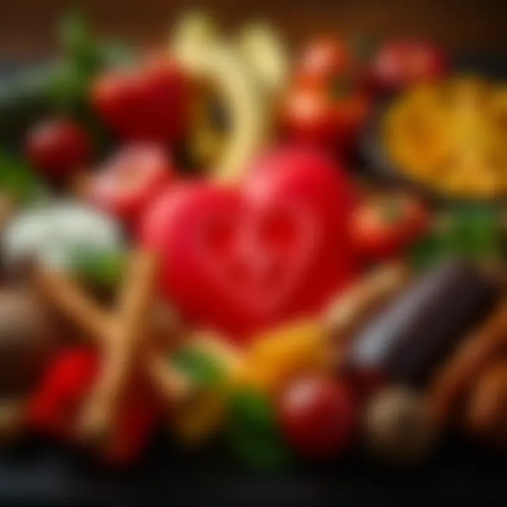 A heart symbol surrounded by various foods