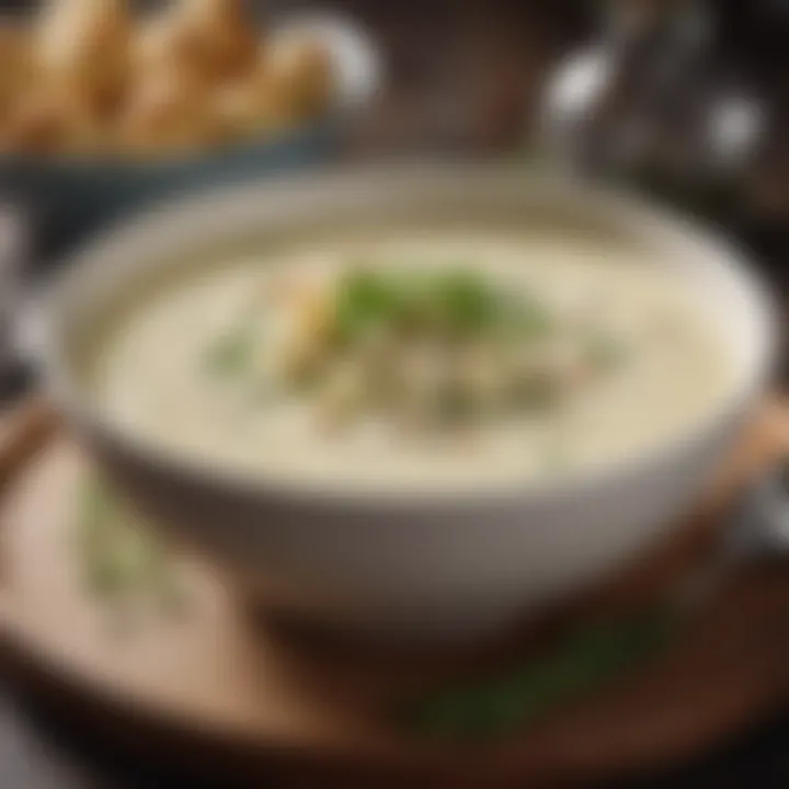 A hearty bowl of creamy cauliflower soup topped with fresh herbs