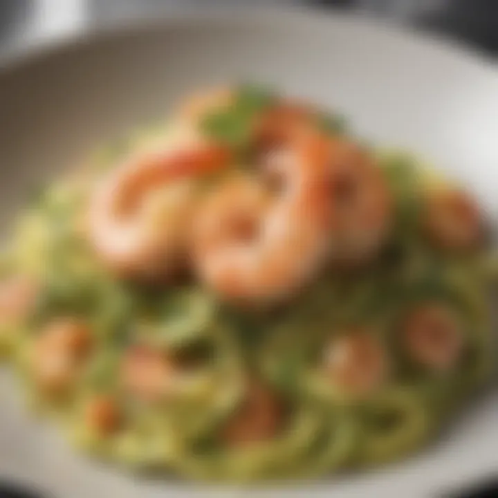 An elegant presentation of shrimp sautéed in garlic and butter on a bed of zucchini noodles