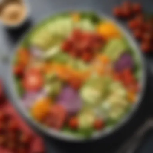 A vibrant plate featuring an array of colorful salads with avocado and cherry tomatoes