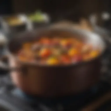 A close-up of a pot simmering on the stove, showcasing rich colors and textures.