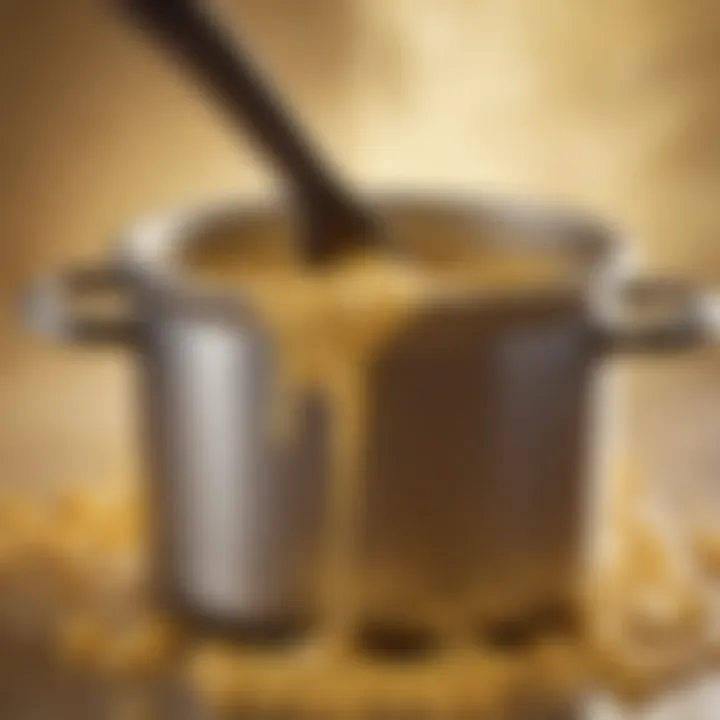 A close-up of a pot with melted butter and flour, illustrating the beginnings of a roux.