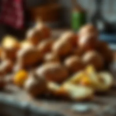 A variety of potatoes on a rustic kitchen table.