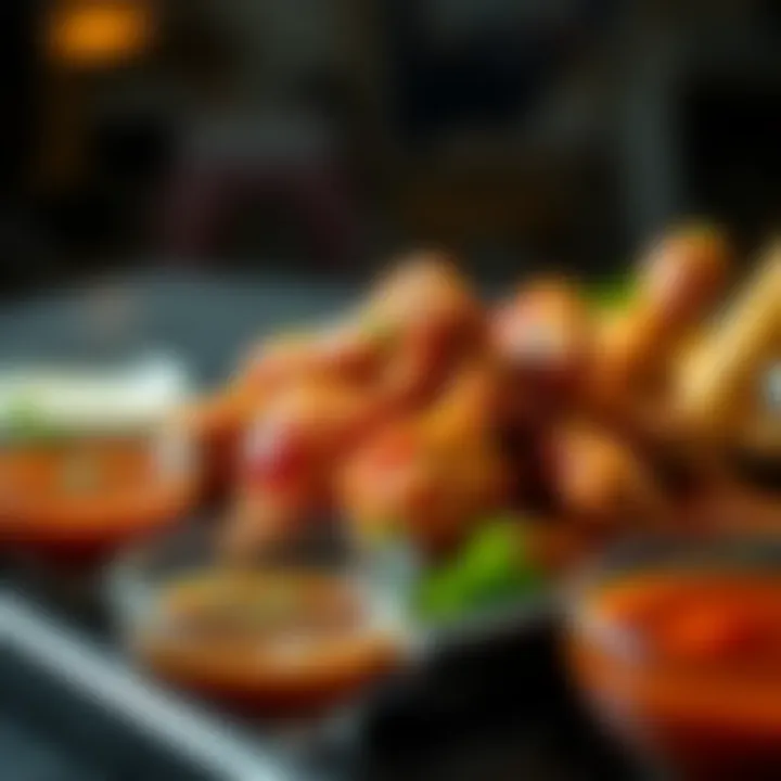 Serving platter of chicken wings with dipping sauces