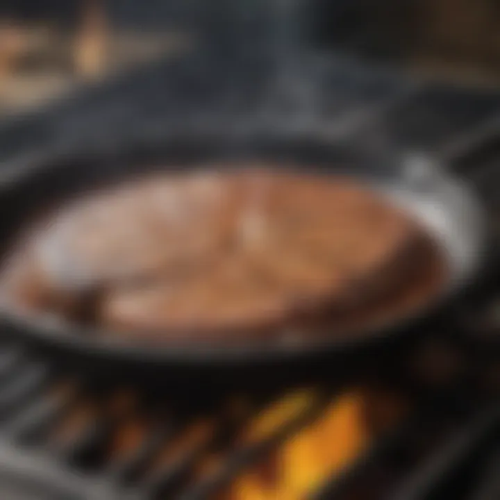 Close-up of a sizzling cast iron skillet on a grill, showcasing perfect sear marks