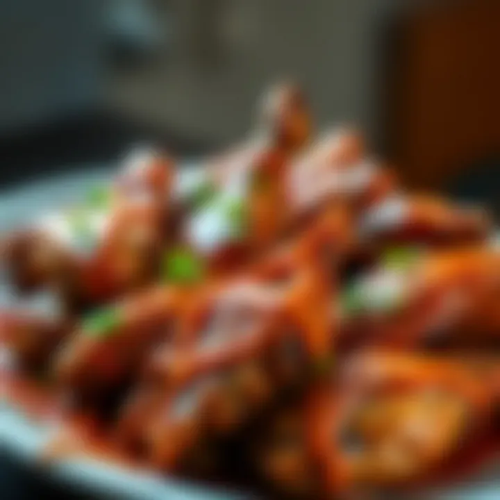 A perfectly arranged platter of sauced chicken wings