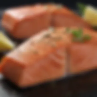 Close-up of seasoned salmon ready for cooking