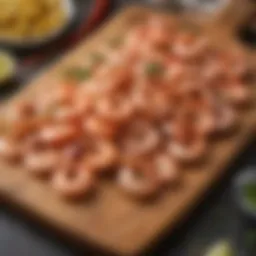 Varieties of shrimp showcased on a wooden board.