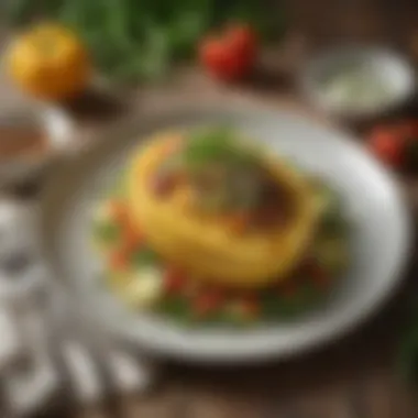 Elegant Presentation of Spaghetti Squash A beautifully plated spaghetti squash dish topped with fresh herbs and vegetables