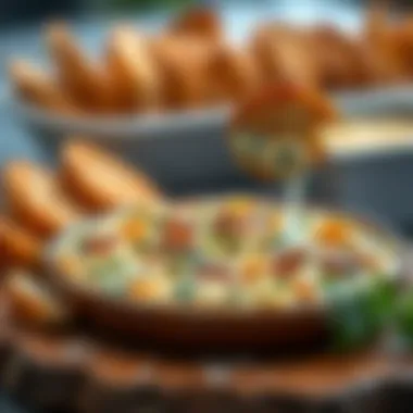 Garnished Presentation A beautifully garnished dish of spinach artichoke dip with crispy bread