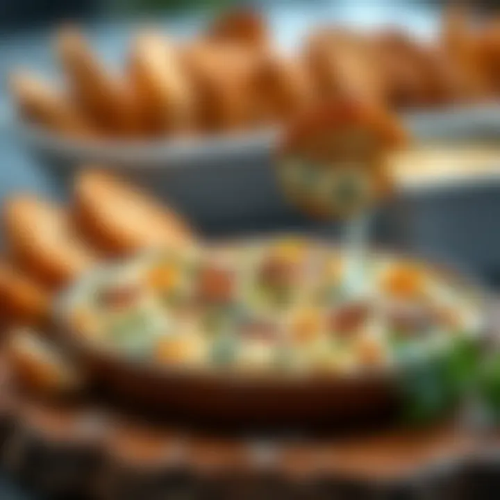 Garnished Presentation A beautifully garnished dish of spinach artichoke dip with crispy bread