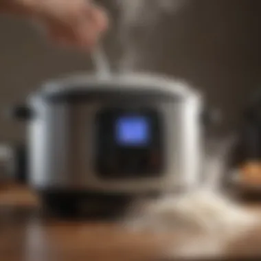 Close-up of the aroma rice cooker during operation, illustrating its steaming feature