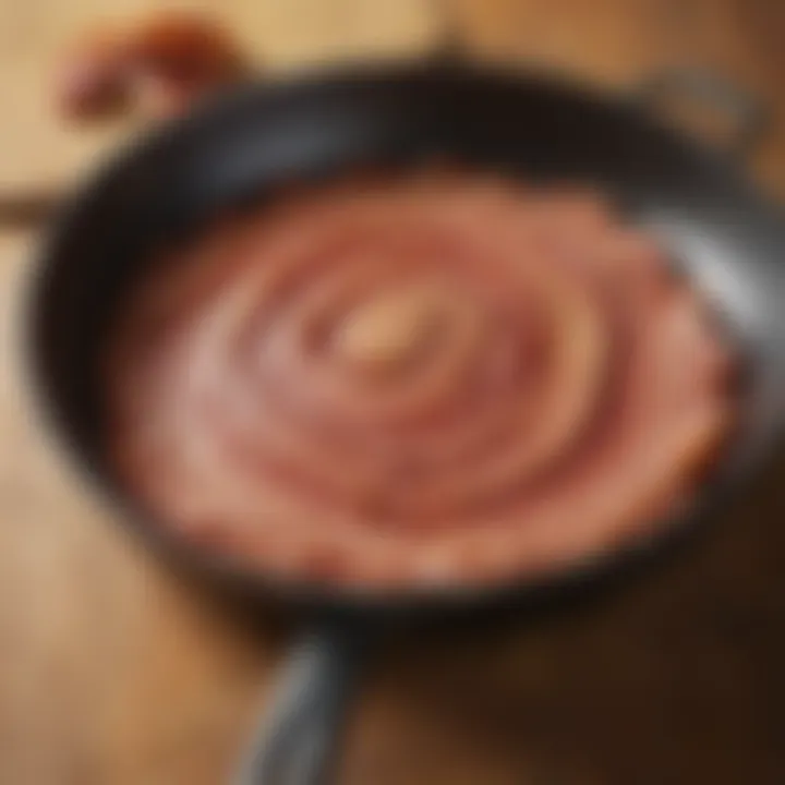 A close-up of bacon fat rendering in a skillet