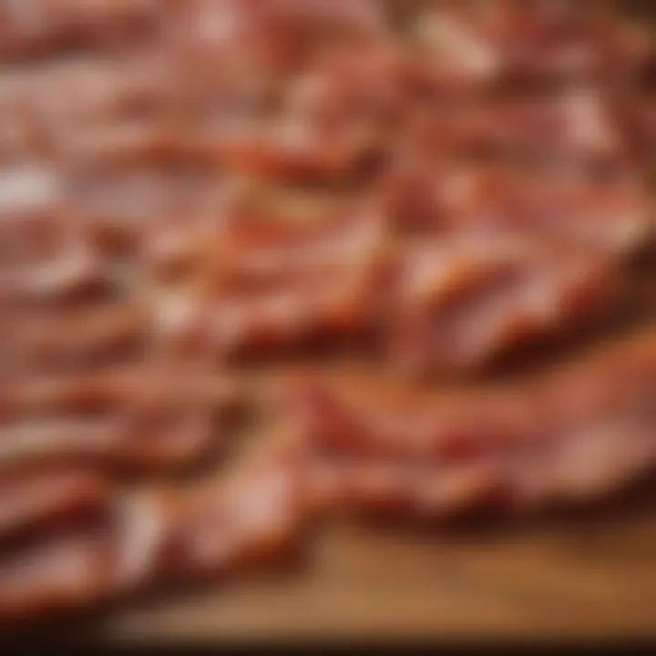 A variety of bacon types displayed on a wooden surface