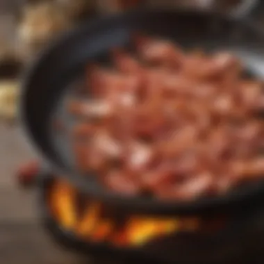 Sizzling strips of bacon in a frying pan