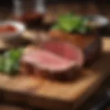 A perfectly cooked steak resting on a wooden board