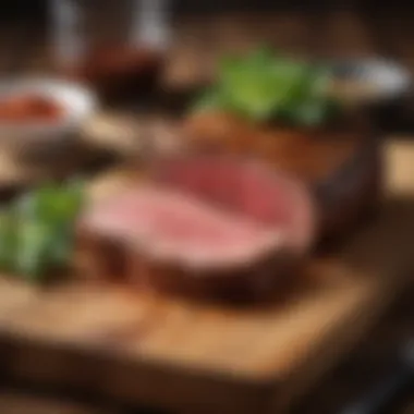 A perfectly cooked steak resting on a wooden board