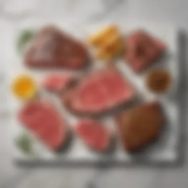 Different cuts of steak displayed on a marble countertop